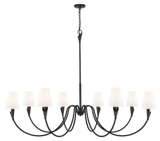Z-Lite Claudelle 65" 8-Light Candelabra Bulb Base Matte Black Steel White Fabric Shade Chandelier