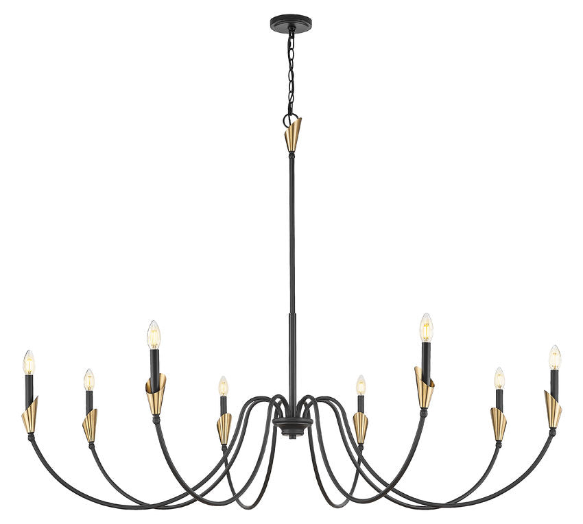 Z-Lite Claudelle 65" 8-Light Candelabra Bulb Base Matte Black and Modern Gold Steel White Fabric Shade Chandelier