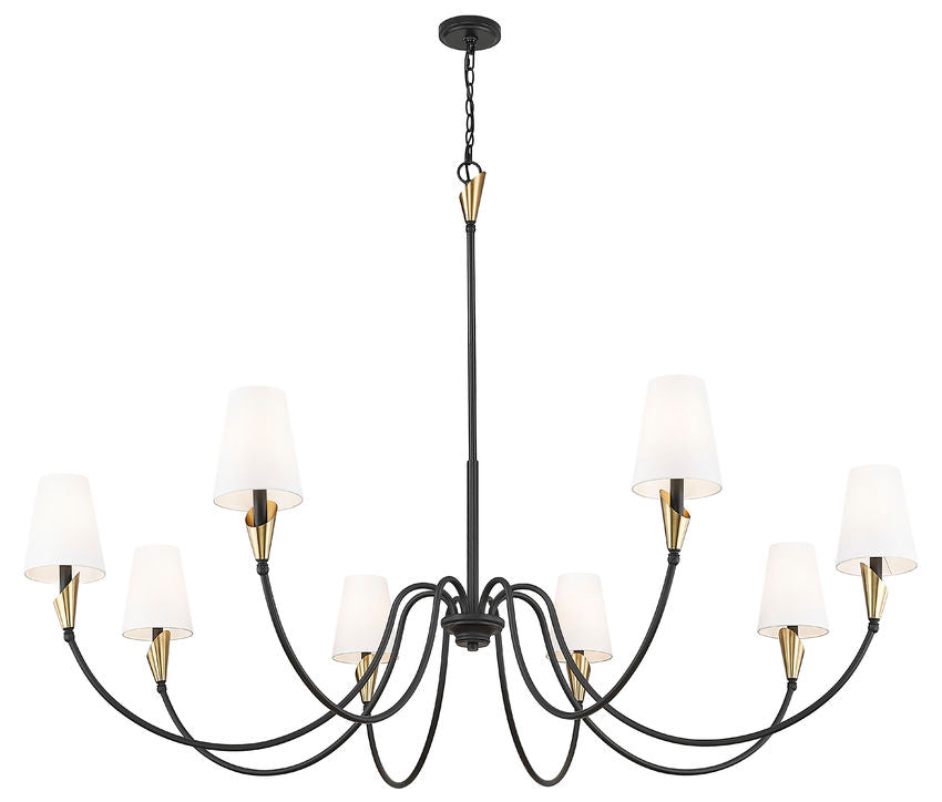 Z-Lite Claudelle 65" 8-Light Candelabra Bulb Base Matte Black and Modern Gold Steel White Fabric Shade Chandelier