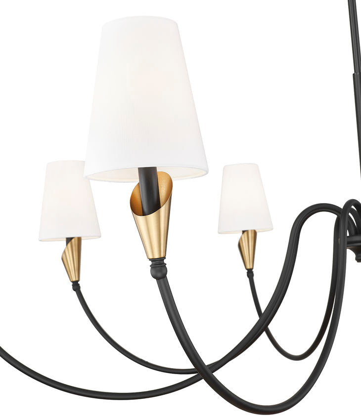 Z-Lite Claudelle 65" 8-Light Candelabra Bulb Base Matte Black and Modern Gold Steel White Fabric Shade Chandelier