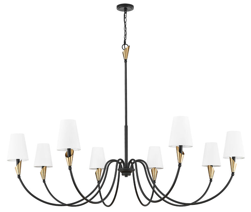 Z-Lite Claudelle 65" 8-Light Candelabra Bulb Base Matte Black and Modern Gold Steel White Fabric Shade Chandelier