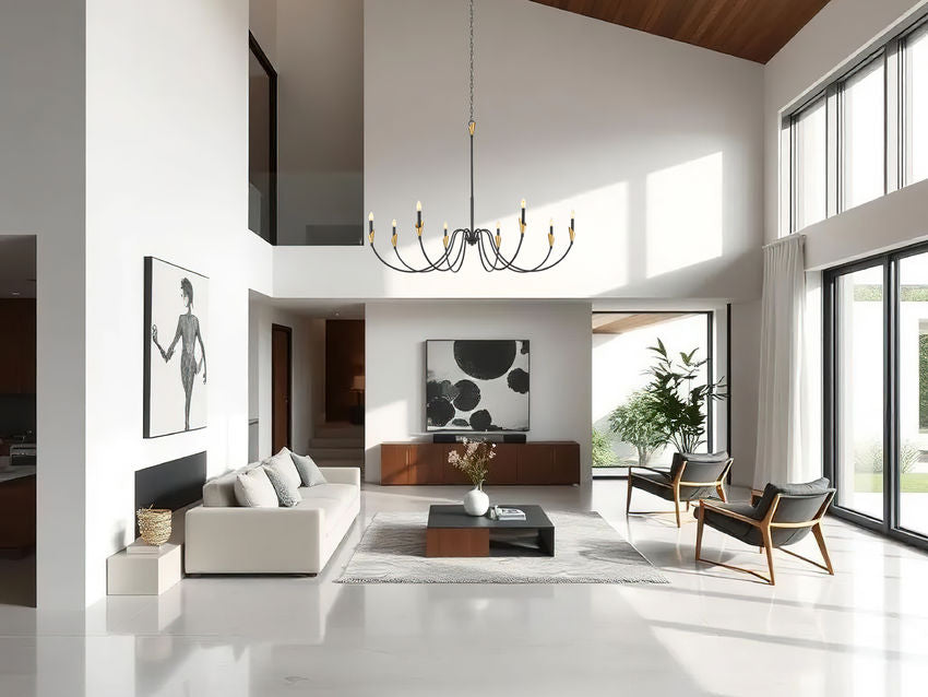Z-Lite Claudelle 65" 8-Light Candelabra Bulb Base Matte Black and Modern Gold Steel White Fabric Shade Chandelier