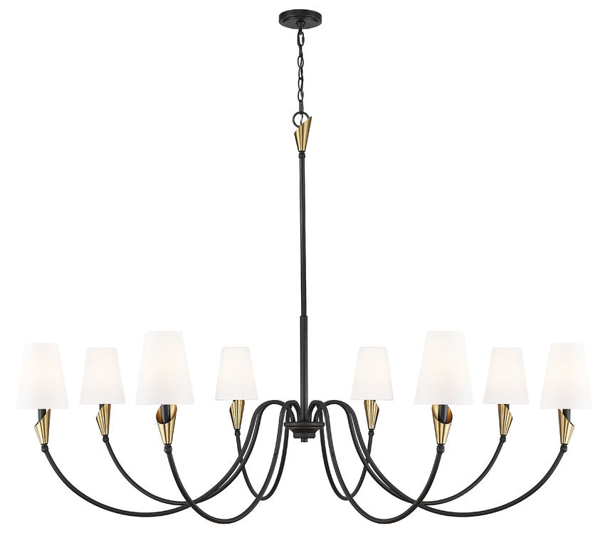 Z-Lite Claudelle 65" 8-Light Candelabra Bulb Base Matte Black and Modern Gold Steel White Fabric Shade Chandelier