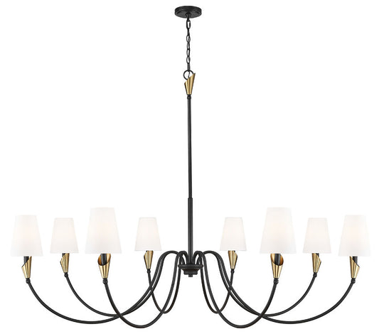 Z-Lite Claudelle 65" 8-Light Candelabra Bulb Base Matte Black and Modern Gold Steel White Fabric Shade Chandelier