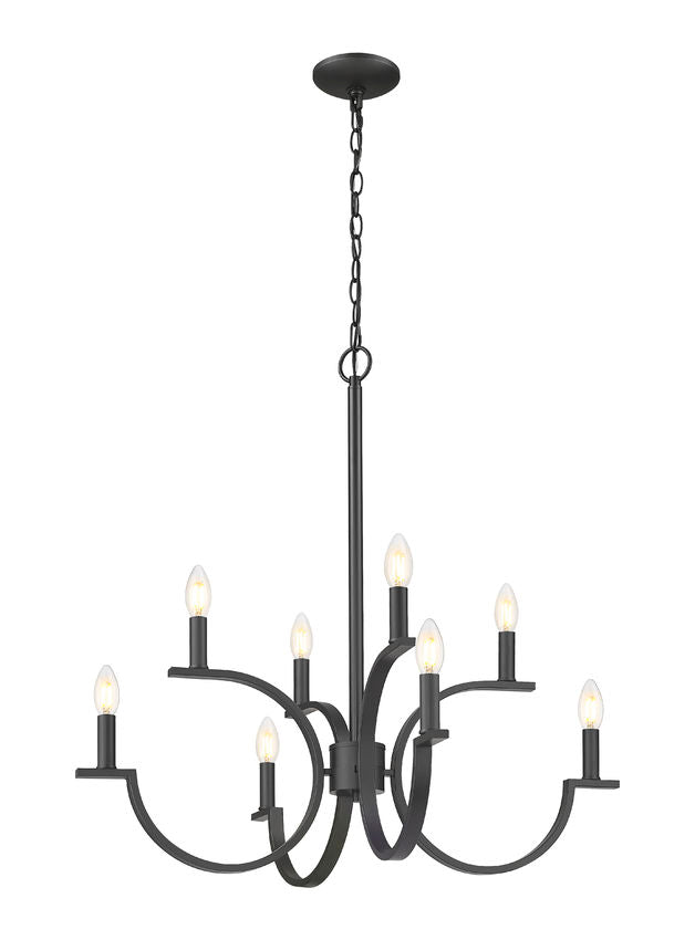 Z-Lite Cordelia 30" 8-Light Candelabra White Fabric Shade Matte Black Steel Frame Chandelier