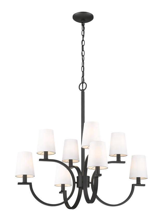 Z-Lite Cordelia 30" 8-Light Candelabra White Fabric Shade Matte Black Steel Frame Chandelier