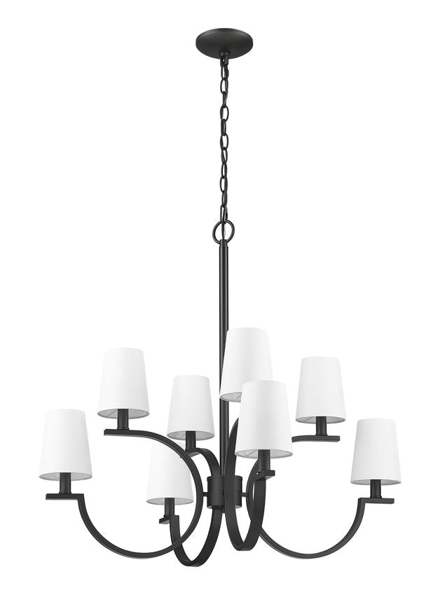 Z-Lite Cordelia 30" 8-Light Candelabra White Fabric Shade Matte Black Steel Frame Chandelier