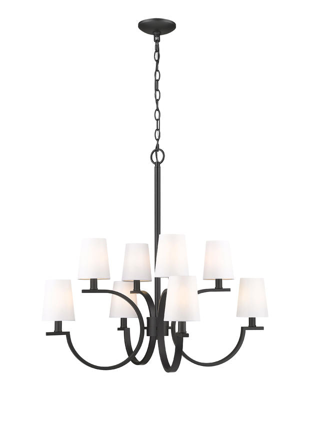 Z-Lite Cordelia 30" 8-Light Candelabra White Fabric Shade Matte Black Steel Frame Chandelier