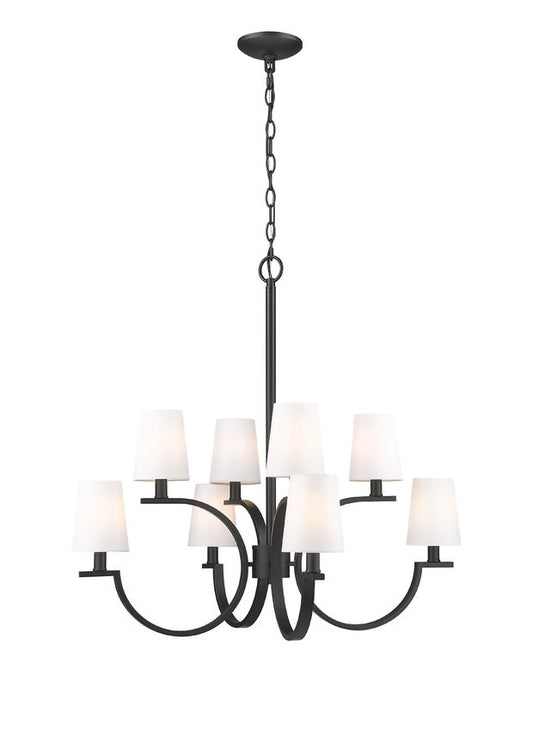 Z-Lite Cordelia 30" 8-Light Candelabra White Fabric Shade Matte Black Steel Frame Chandelier