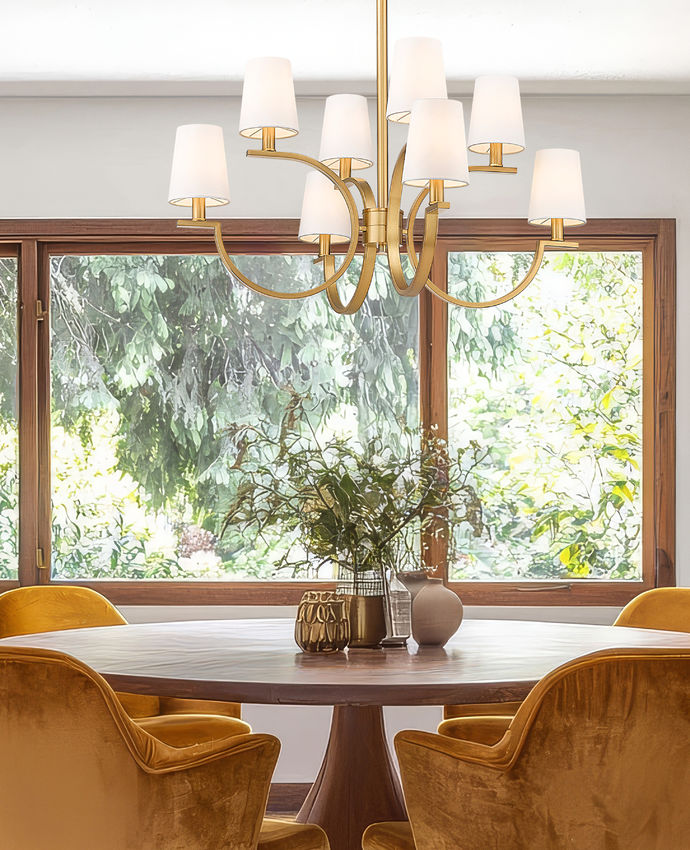 Z-Lite Cordelia 30" 8-Light Candelabra White Fabric Shade Modern Gold Steel Frame Chandelier
