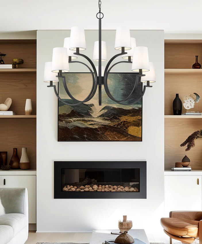Z-Lite Cordelia 40" 10-Light Candelabra White Fabric Shade Matte Black Steel Frame Chandelier