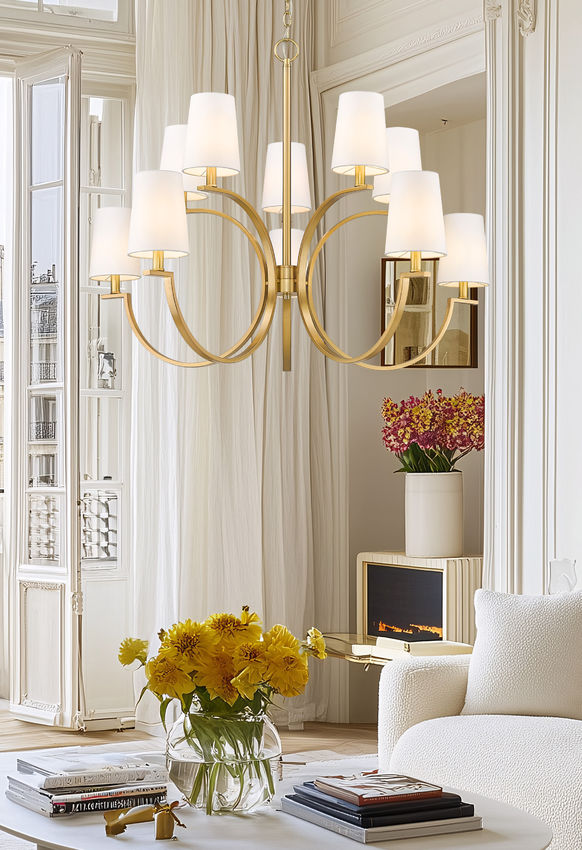 Z-Lite Cordelia 40" 10-Light Candelabra White Fabric Shade Modern Gold Steel Frame Chandelier