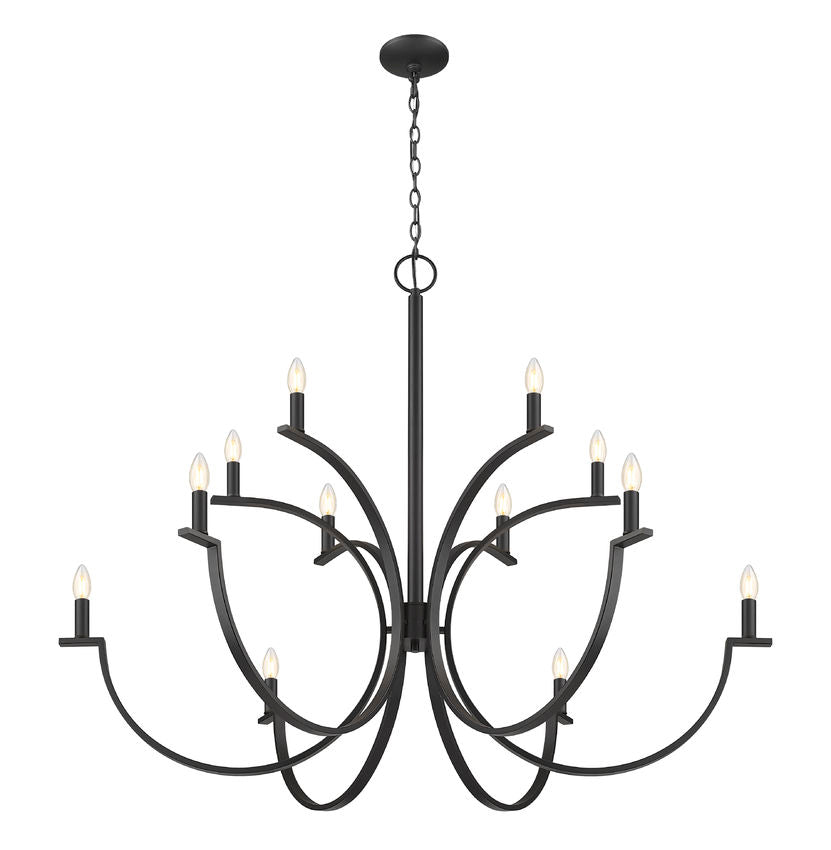 Z-Lite Cordelia 48" 12-Light Candelabra White Fabric Shade Matte Black Steel Frame Chandelier