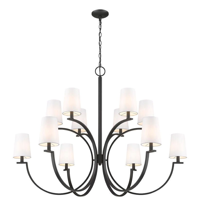 Z-Lite Cordelia 48" 12-Light Candelabra White Fabric Shade Matte Black Steel Frame Chandelier