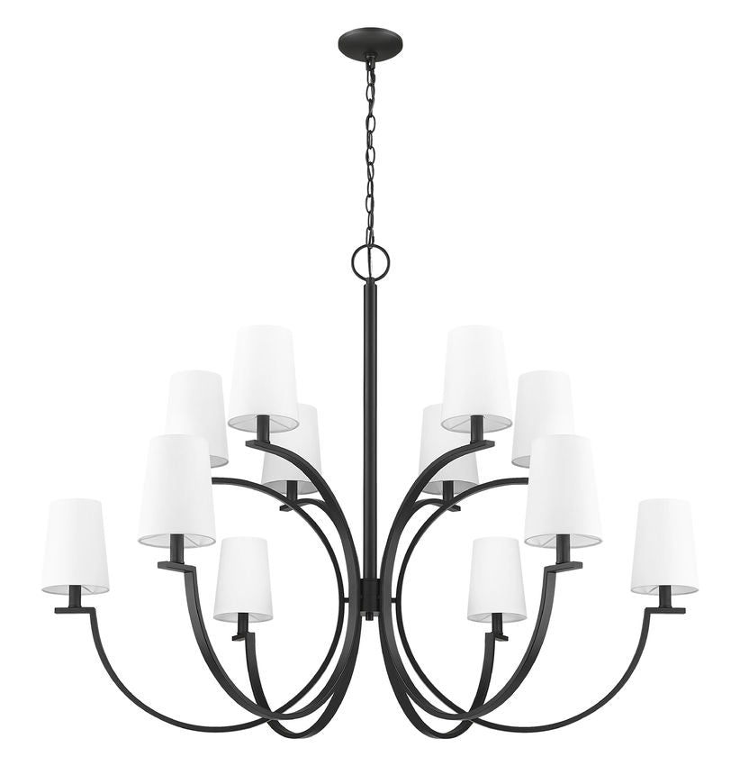 Z-Lite Cordelia 48" 12-Light Candelabra White Fabric Shade Matte Black Steel Frame Chandelier
