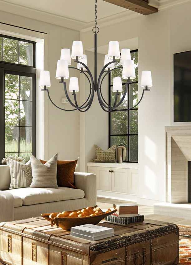 Z-Lite Cordelia 48" 12-Light Candelabra White Fabric Shade Matte Black Steel Frame Chandelier
