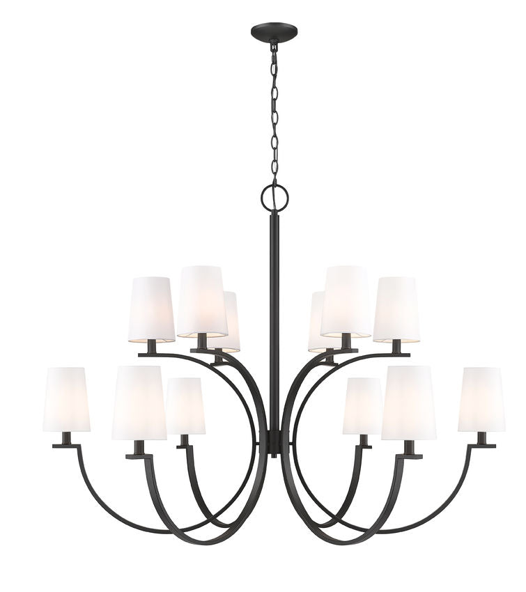 Z-Lite Cordelia 48" 12-Light Candelabra White Fabric Shade Matte Black Steel Frame Chandelier