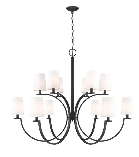 Z-Lite Cordelia 48" 12-Light Candelabra White Fabric Shade Matte Black Steel Frame Chandelier