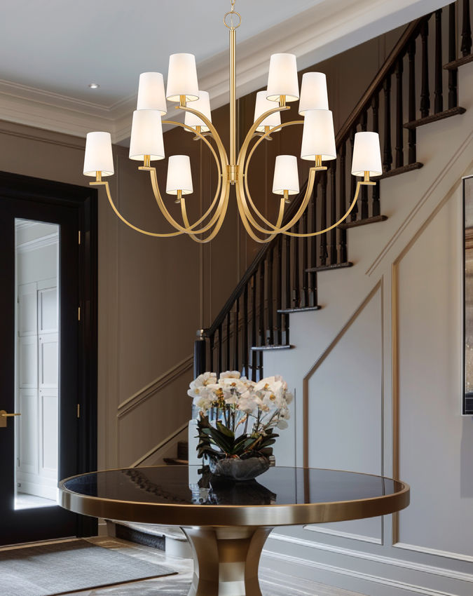 Z-Lite Cordelia 48" 12-Light Candelabra White Fabric Shade Modern Gold Steel Frame Chandelier