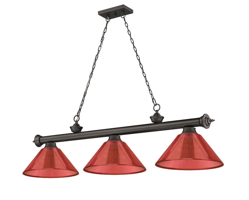 Z-Lite Cordon 14" 3-Light Bronze Steel Frame Burgundy Acrylic Shade Billiard Light