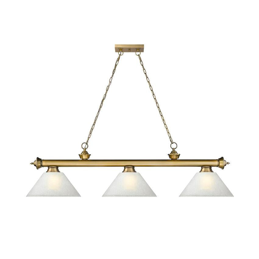 Z-Lite Cordon 14" 3-Light Rubbed Brass Steel Billiard Island Light With White Linen Glass Shade