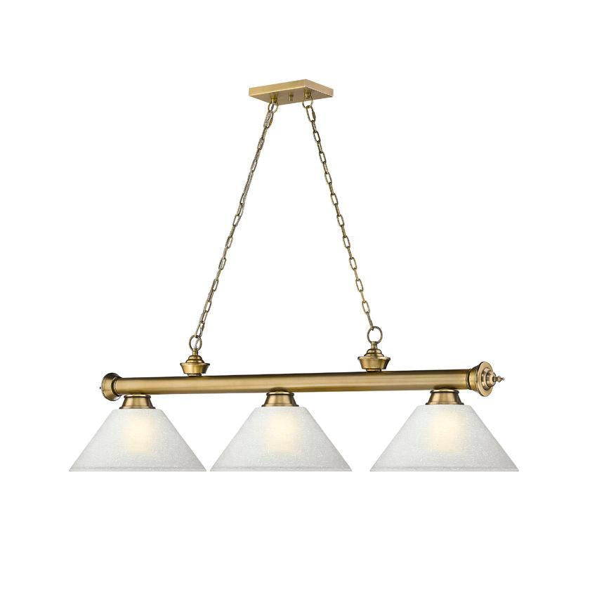 Z-Lite Cordon 14" 3-Light Rubbed Brass Steel Billiard Island Light With White Linen Glass Shade