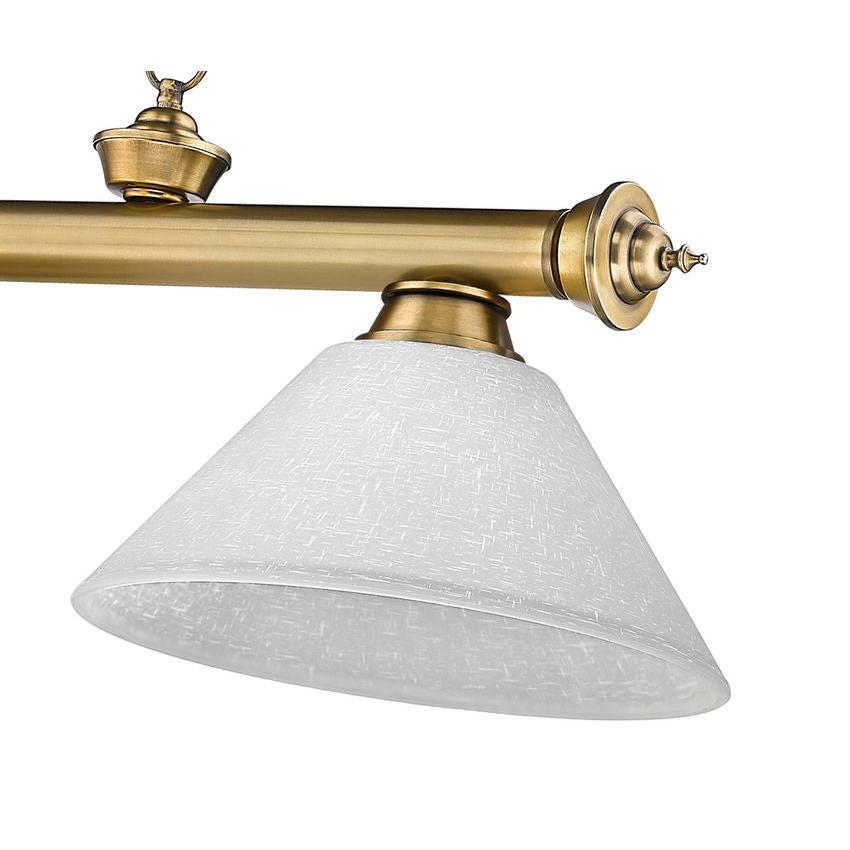 Z-Lite Cordon 14" 3-Light Rubbed Brass Steel Billiard Island Light With White Linen Glass Shade