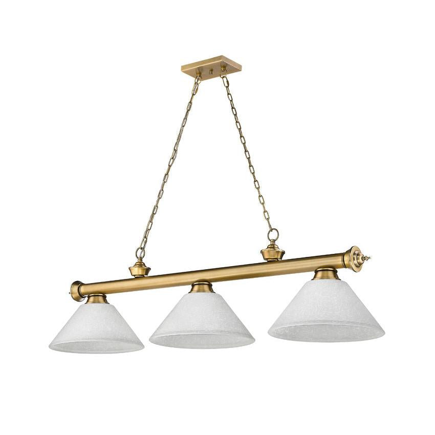 Z-Lite Cordon 14" 3-Light Rubbed Brass Steel Billiard Island Light With White Linen Glass Shade