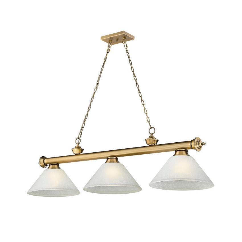 Z-Lite Cordon 14" 3-Light Rubbed Brass Steel Billiard Island Light With White Linen Glass Shade