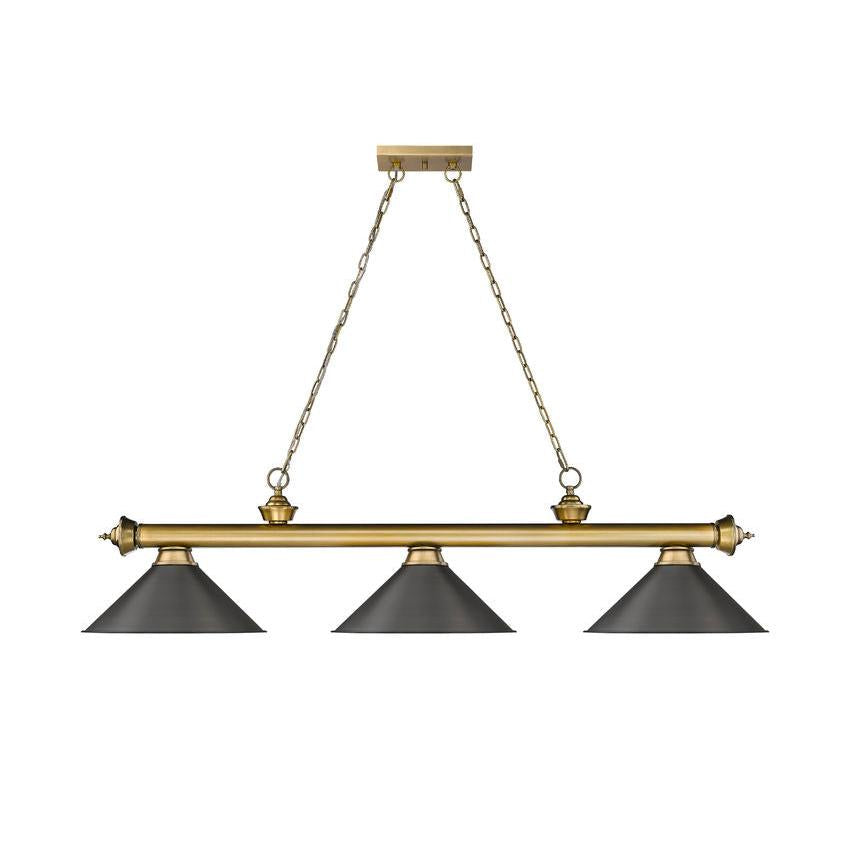 Z-Lite Cordon 15" 3-Light Rubbed Brass Steel Billiard Island Light With Bronze Steel Shade