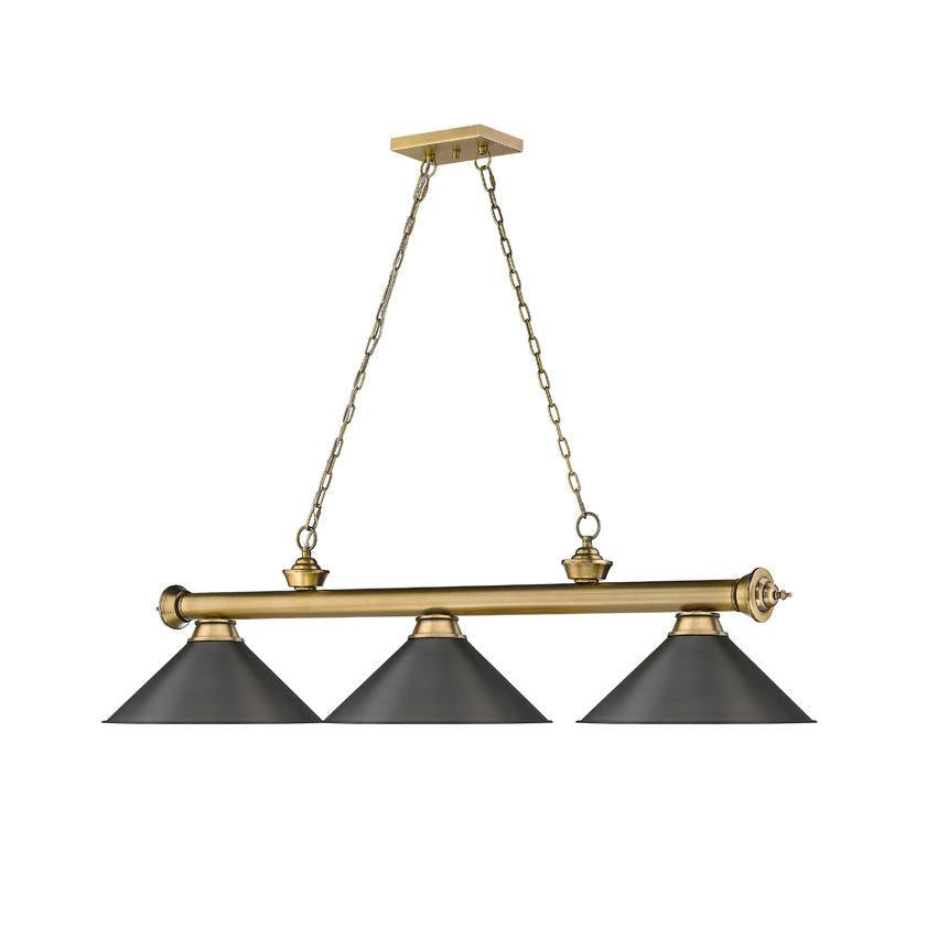 Z-Lite Cordon 15" 3-Light Rubbed Brass Steel Billiard Island Light With Bronze Steel Shade