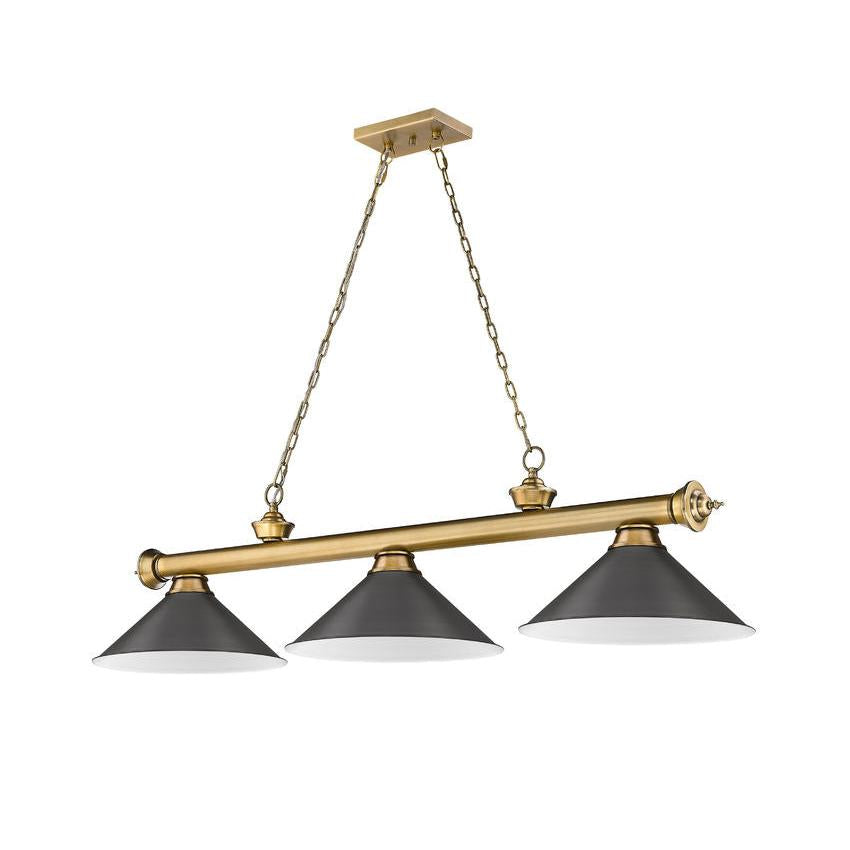 Z-Lite Cordon 15" 3-Light Rubbed Brass Steel Billiard Island Light With Bronze Steel Shade