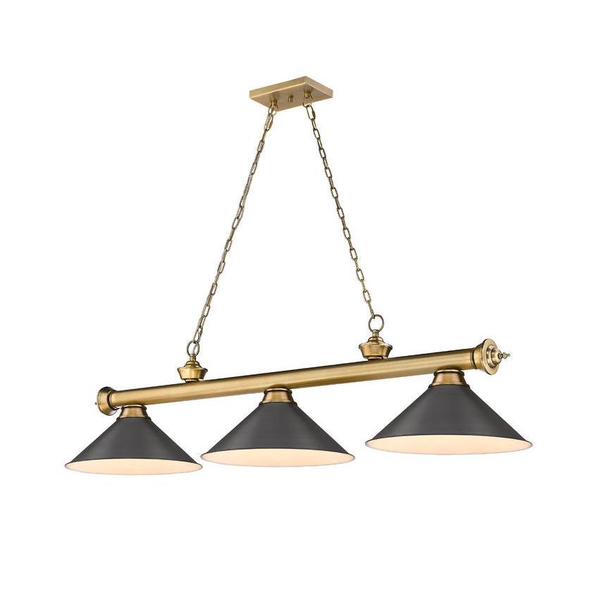 Z-Lite Cordon 15" 3-Light Rubbed Brass Steel Billiard Island Light With Bronze Steel Shade
