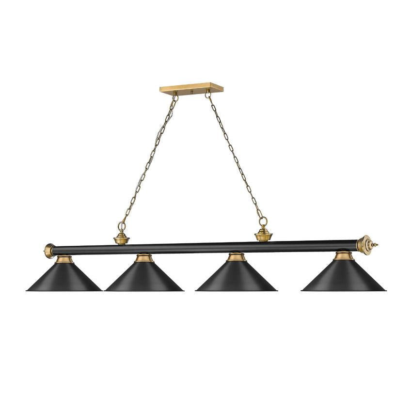Z-Lite Cordon 15" 4-Light Matte Black and Rubbed Brass Billiard Island Light With Matte Black Steel Shade