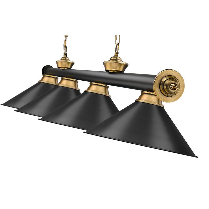 Z-Lite Cordon 15" 4-Light Matte Black and Rubbed Brass Billiard Island Light With Matte Black Steel Shade