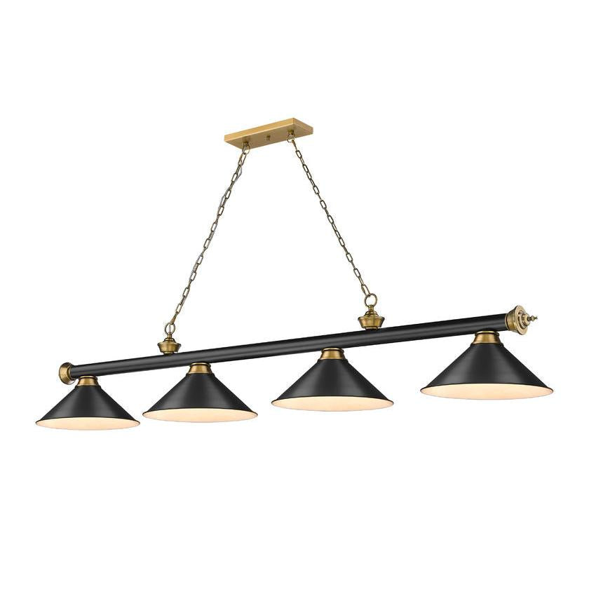 Z-Lite Cordon 15" 4-Light Matte Black and Rubbed Brass Billiard Island Light With Matte Black Steel Shade