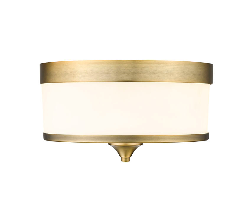 Z-Lite Cosmopolitan 14" 3-Light Heritage Brass Flush Mount Lighting With Etched White Glass Shade