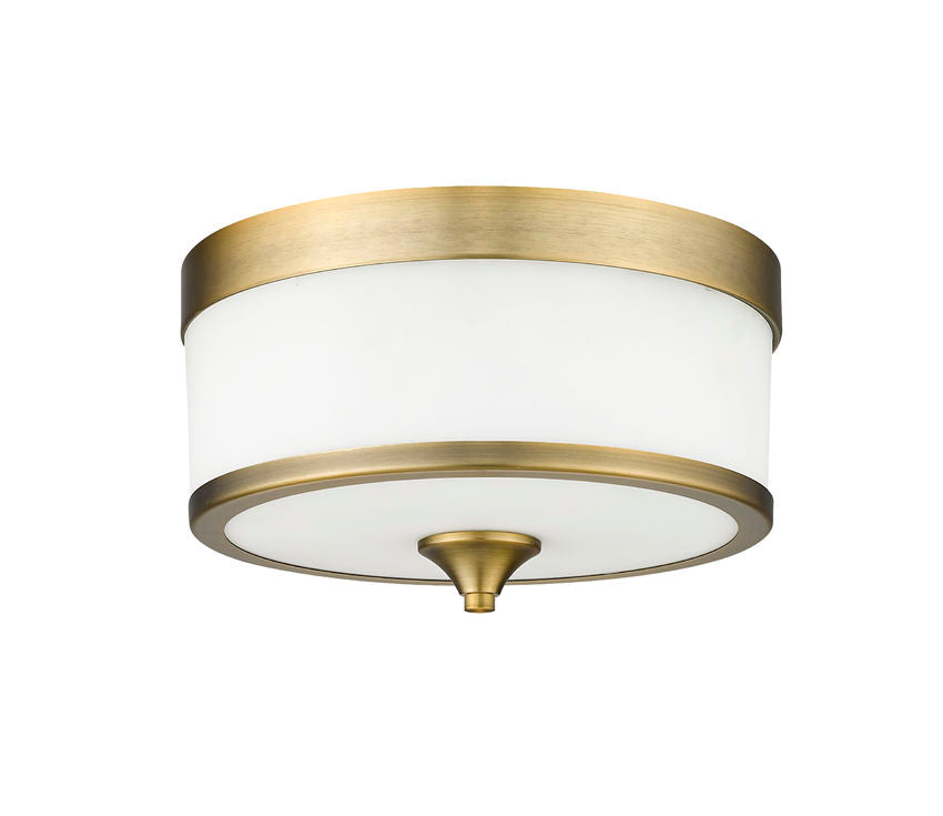 Z-Lite Cosmopolitan 14" 3-Light Heritage Brass Flush Mount Lighting With Etched White Glass Shade