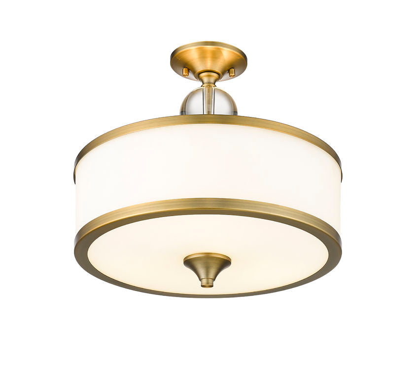 Z-Lite Cosmopolitan 16" 3-Light Heritage Brass Semi Flush Mount With Etched White Glass Shade