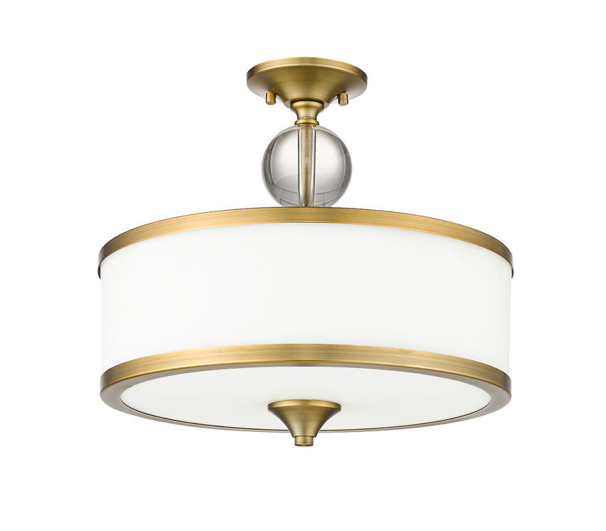 Z-Lite Cosmopolitan 16" 3-Light Heritage Brass Semi Flush Mount With Etched White Glass Shade