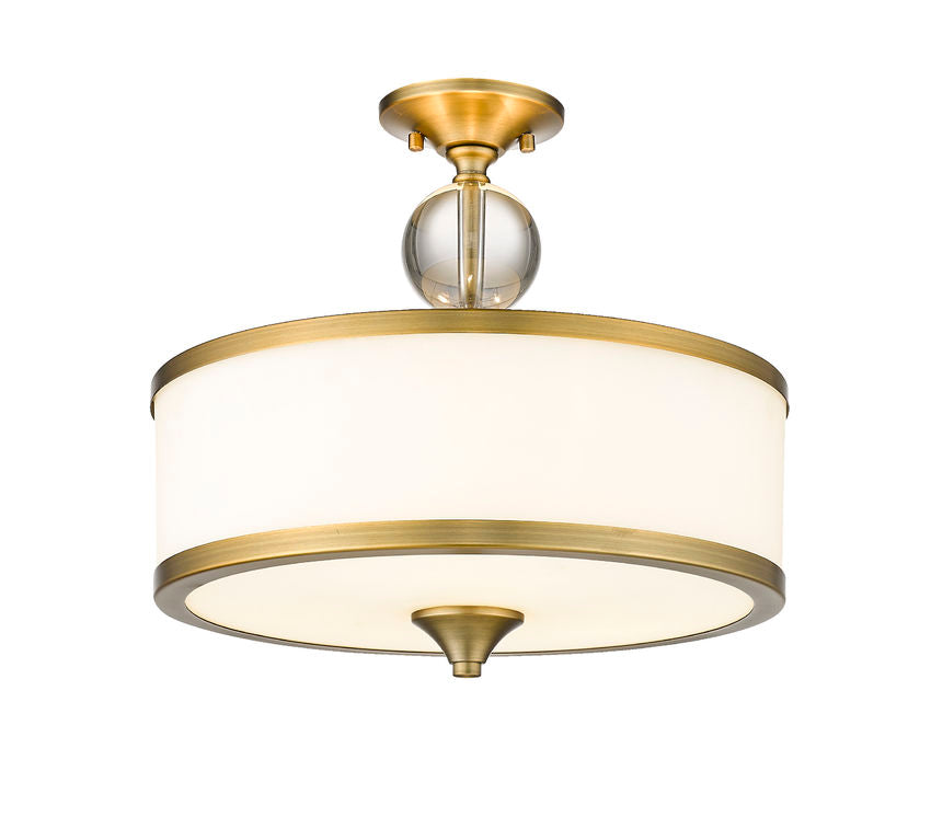 Z-Lite Cosmopolitan 16" 3-Light Heritage Brass Semi Flush Mount With Etched White Glass Shade