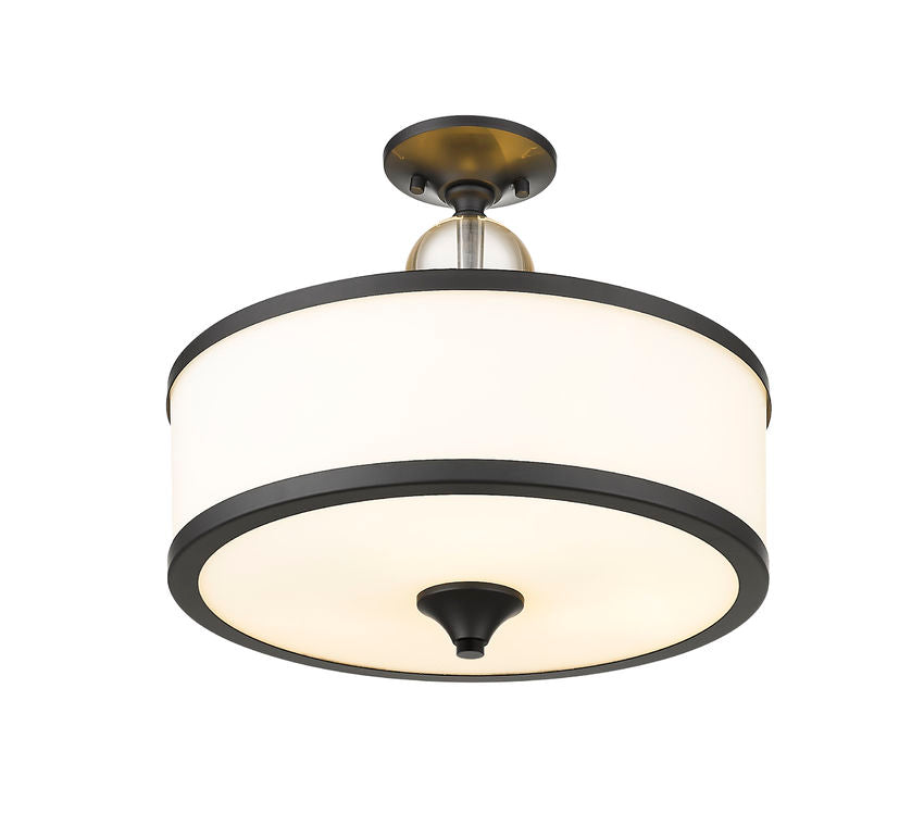 Z-Lite Cosmopolitan 16" 3-Light Matte Black Semi Flush Mount With Etched White Glass Shade