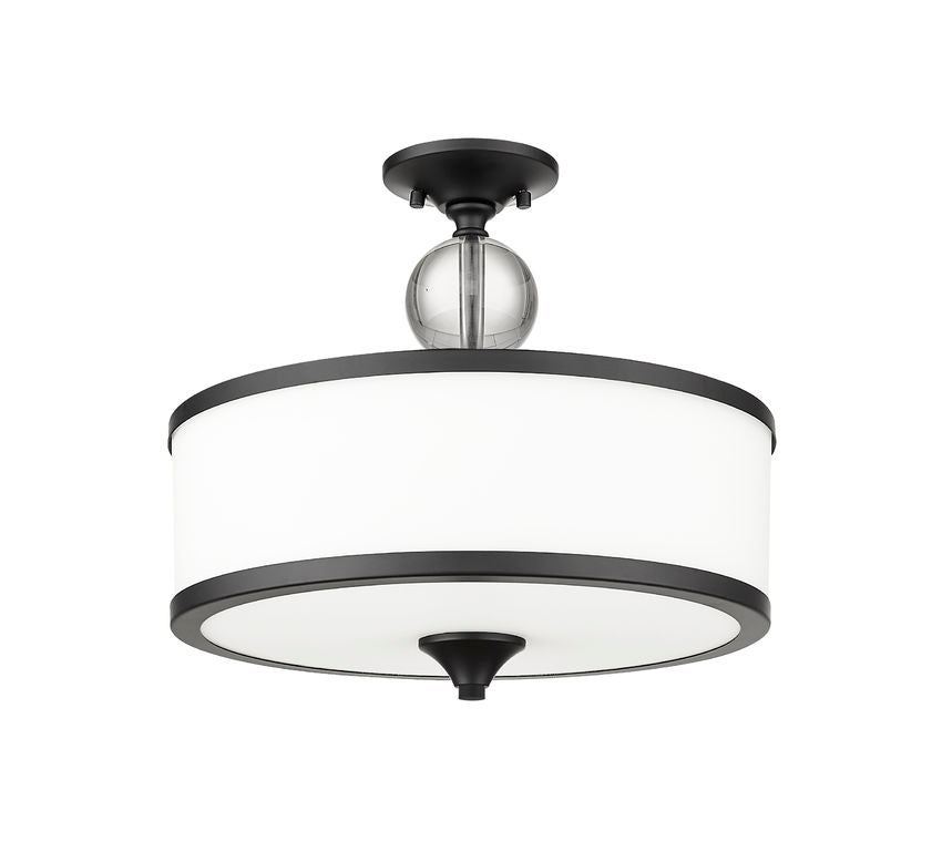 Z-Lite Cosmopolitan 16" 3-Light Matte Black Semi Flush Mount With Etched White Glass Shade