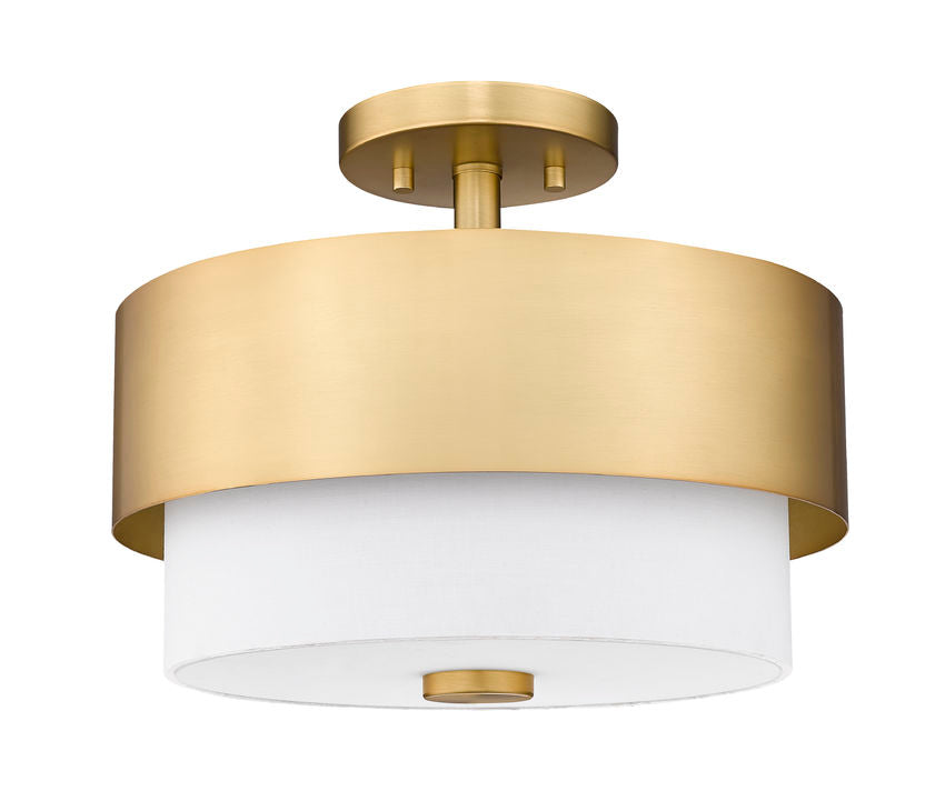 Z-Lite Counterpoint 13" 2-Light Modern Gold Steel and White Fabric Semi Flush Mount Light