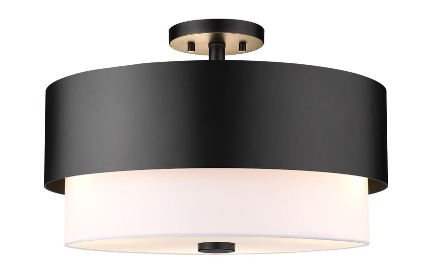 Z-Lite Counterpoint 18" 3-Light Matte Black Steel and White Fabric Semi Flush Mount Light