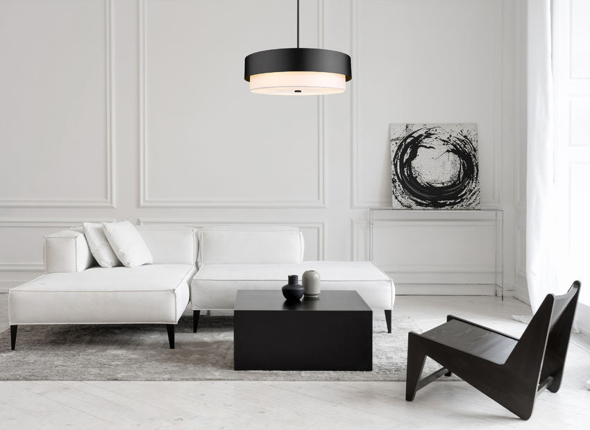 Z-Lite Counterpoint 32" 6-Light Matte Black Steel and White Fabric Shade Chandelier
