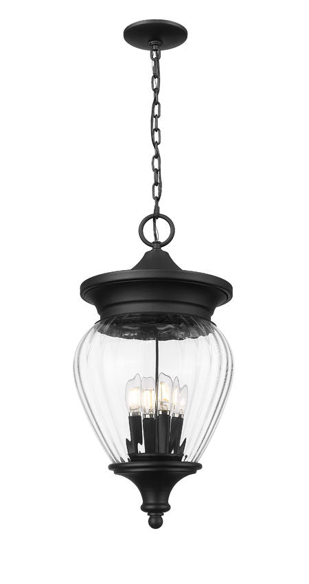 Z-Lite Davina 12" W x 24" H 4-Light Black Aluminum Outdoor Chain Mount Ceiling Fixture With Clear Ribbed Glass Shade