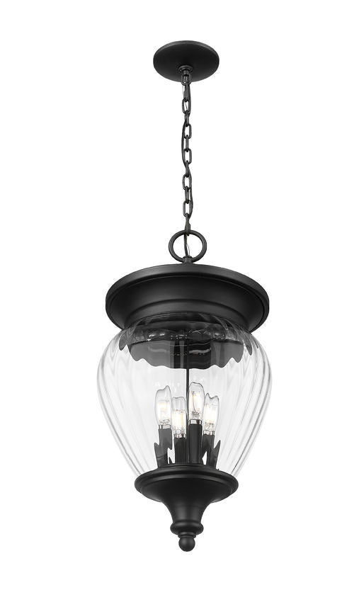 Z-Lite Davina 12" W x 24" H 4-Light Black Aluminum Outdoor Chain Mount Ceiling Fixture With Clear Ribbed Glass Shade