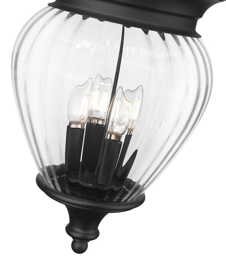 Z-Lite Davina 12" W x 24" H 4-Light Black Aluminum Outdoor Chain Mount Ceiling Fixture With Clear Ribbed Glass Shade