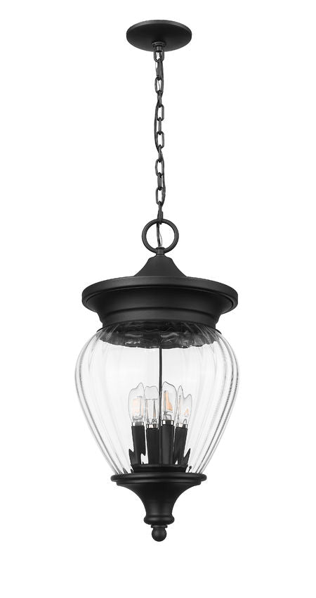 Z-Lite Davina 12" W x 24" H 4-Light Black Aluminum Outdoor Chain Mount Ceiling Fixture With Clear Ribbed Glass Shade